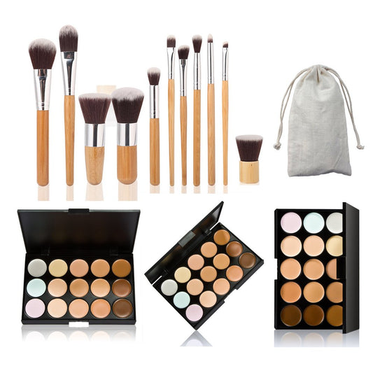 15 Colors Cream Contour Foundation Concealer Palette with 11pcs Bamboo Handle Makeup Brushes Set