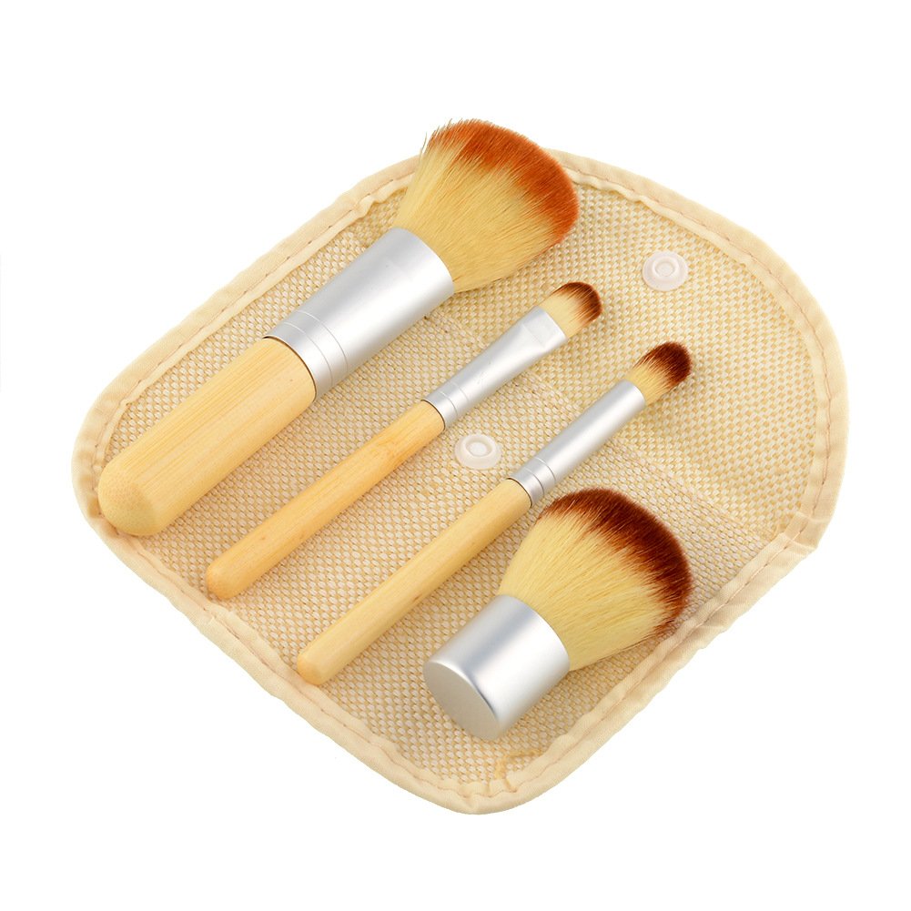 4Pcs Natural Foundation Blending Blush Makeup Brushes Tool Kit with Pouch