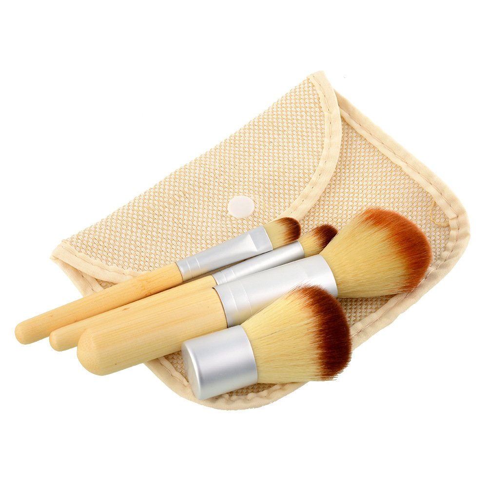 4Pcs Natural Foundation Blending Blush Makeup Brushes Tool Kit with Pouch